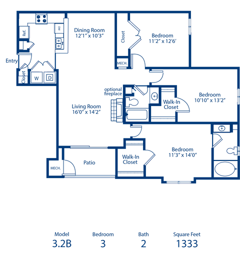 Floor plan for 3 beds, 2 baths, 1333 sqft